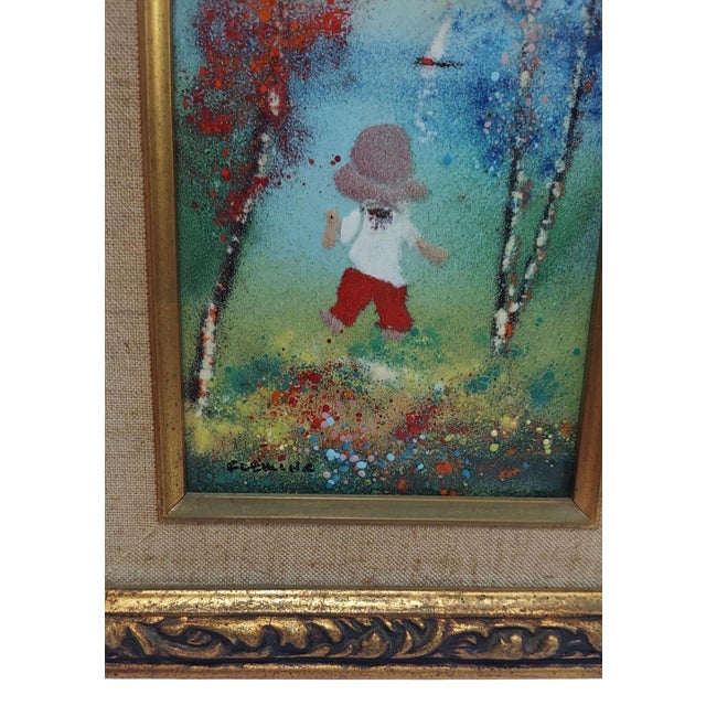 Late 20th Century Fleming Painting of Child With Sailboat Framed Enamel on Copper Vertical For Sale - Image 4 of 8