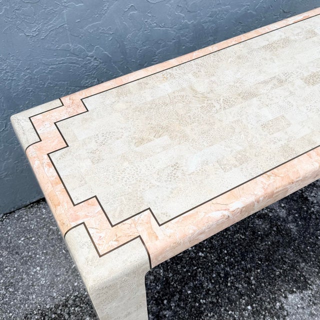 Postmodern Postmodern Pink and Beige Polished Tessellated Stone Console Table With Brass Inlay For Sale - Image 3 of 3