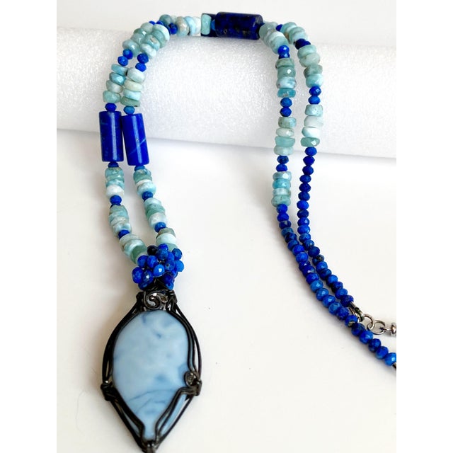 Organic Modern Artisan Larimar, Lapis Lazuli & Herkimer Diamond Sterling Silver Statement Necklace For Sale - Image 10 of 17