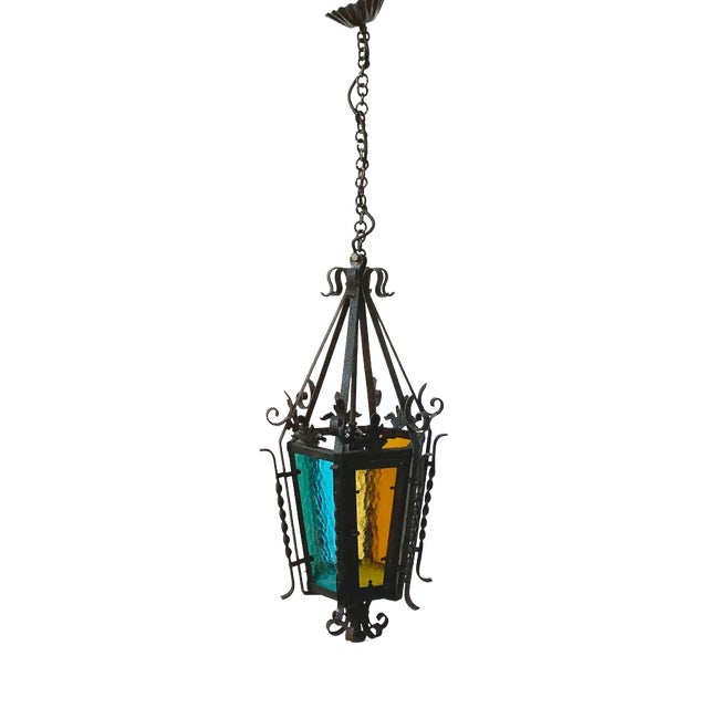Wrought Iron Pendant Lantern, 1950s For Sale