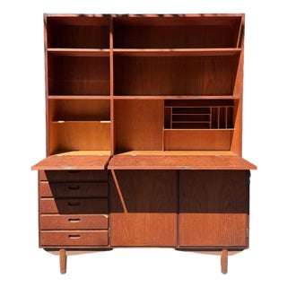 Mid 20th Century Danish Modern Two-Piece Bookshelf With Drop-Down Secretary Desk Top For Sale