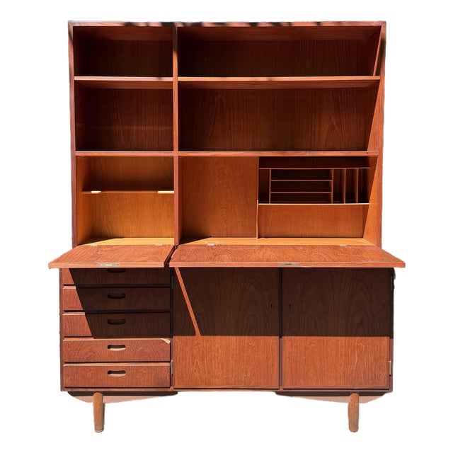 Mid 20th Century Danish Modern Two-Piece Bookshelf With Drop-Down Secretary Desk Top For Sale