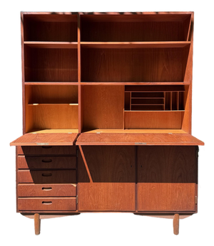 Mid 20th Century Danish Modern Two-Piece Bookshelf With Drop-Down Secretary Desk Top