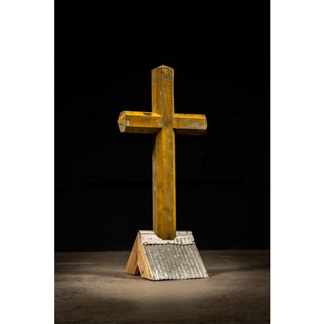 Religious Large Vintage Painted Tin Cross For Sale - Image 3 of 7