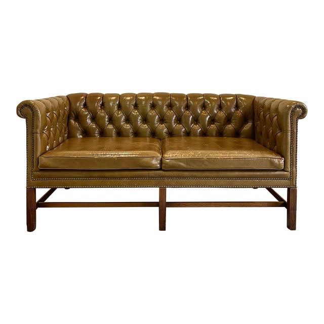 Kittinger Leather Tufted Chesterfield Loveseat Sofa in Deep Olive Green