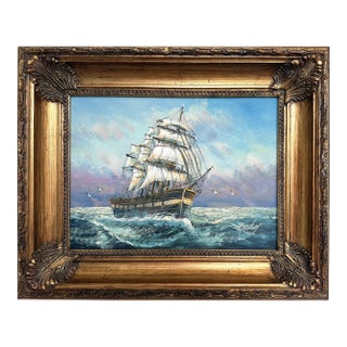 Signed Original Oil Painting on Canvas Seascape Gold Frame Maritime Nautical Art For Sale