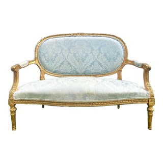 1920's French Louis XVI Carved & Gold Gilded Settee For Sale