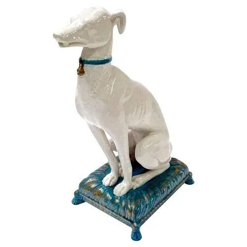 Vintage Italian ceramic whippet dog figurine posed and sitting on a pillow. Marked "EM4, Meiselman Imports, Made In Italy,...