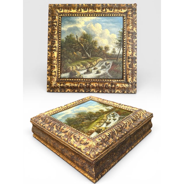 Large Florentine Giltwood Box with J. van Ruisdael Dutch Landscape Painting. Large Vintage Florentine Giltwood Box Chest,...