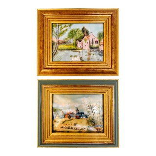 Vintage French Hand-Painted Petite Enamel Landscape Framed Paintings - Set of 2 For Sale