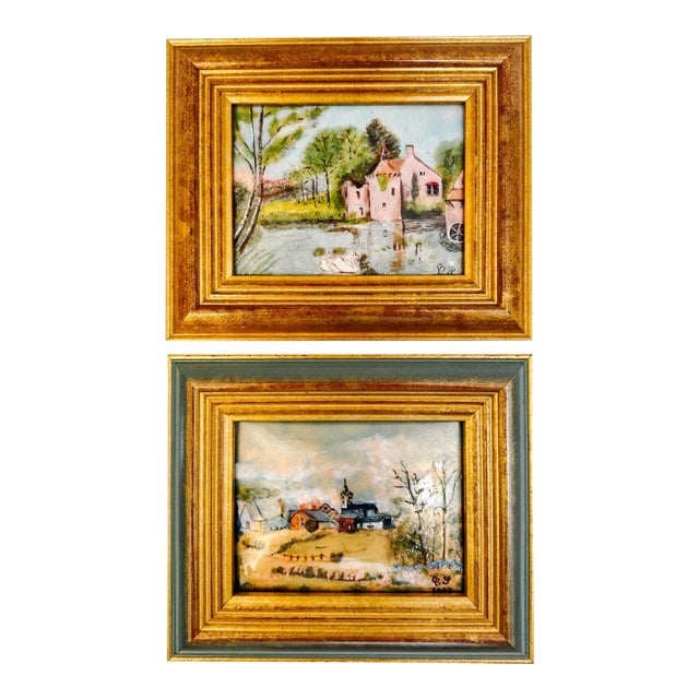 Vintage French Hand-Painted Petite Enamel Landscape Framed Paintings - Set of 2 For Sale
