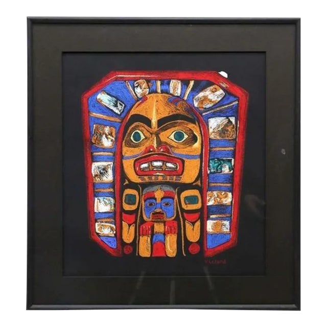 Vintage Sun Mask Pastel by Native Northwest Coast Artist V Leland, Framed For Sale