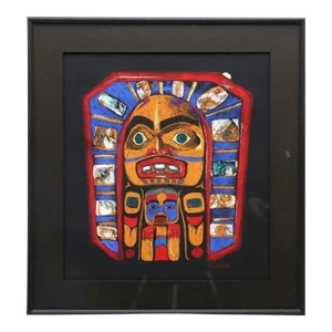 Vintage Sun Mask Pastel by Native Northwest Coast Artist V Leland, Framed