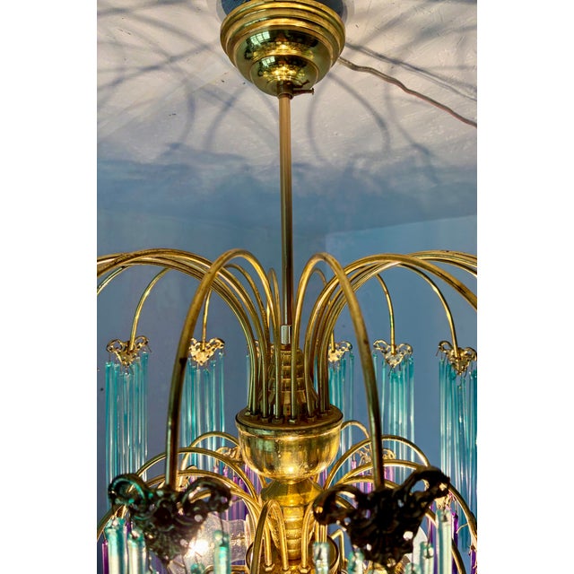1980s One-of-a-Kind Hand-Painted Spanish Glass Rod Chandelier in Turquoise & Purple – 3 Lights For Sale - Image 12 of 16