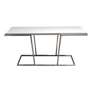 Satin-Finish Steel Console Table with Glossy Cream-White Shelf by Guy Lefèvre for Maison Jansen, 1980s For Sale