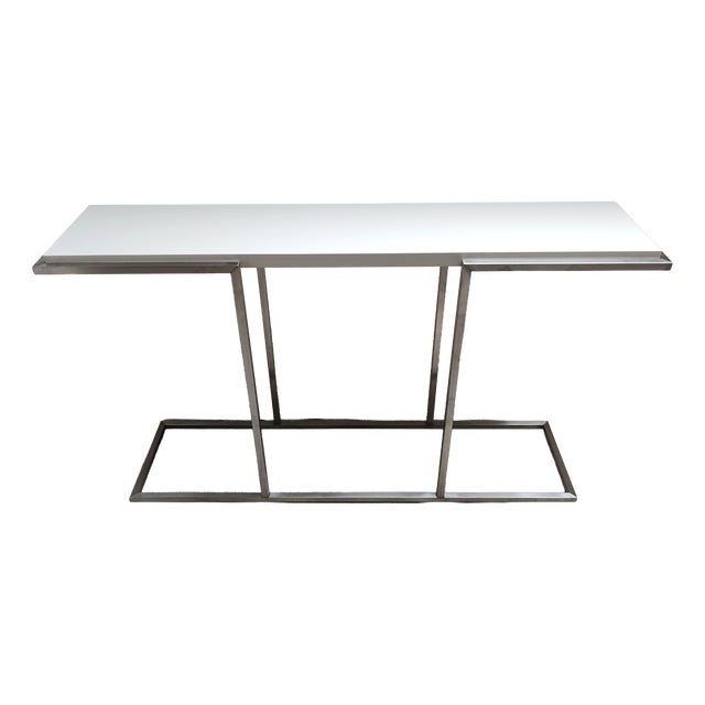 Satin-Finish Steel Console Table with Glossy Cream-White Shelf by Guy Lefèvre for Maison Jansen, 1980s For Sale