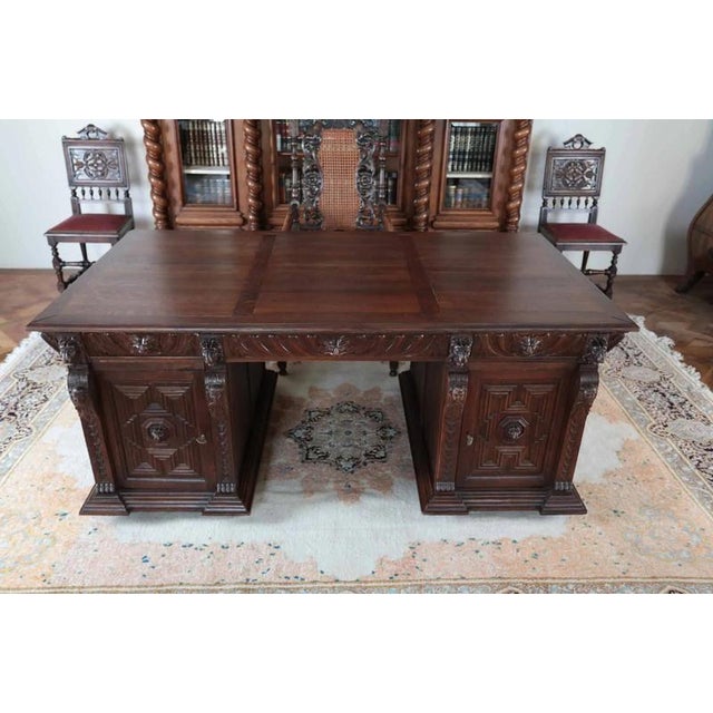 Neo-Renaissance Oak Double-Sided Writing Desk For Sale - Image 3 of 8