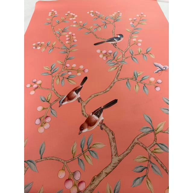 Hand-Painted Coral Chinoiserie Wallpaper Panels – Floral Bird Mural, Luxury Statement Wall Art, 3 Panels 31x78” For Sale - Image 6 of 8