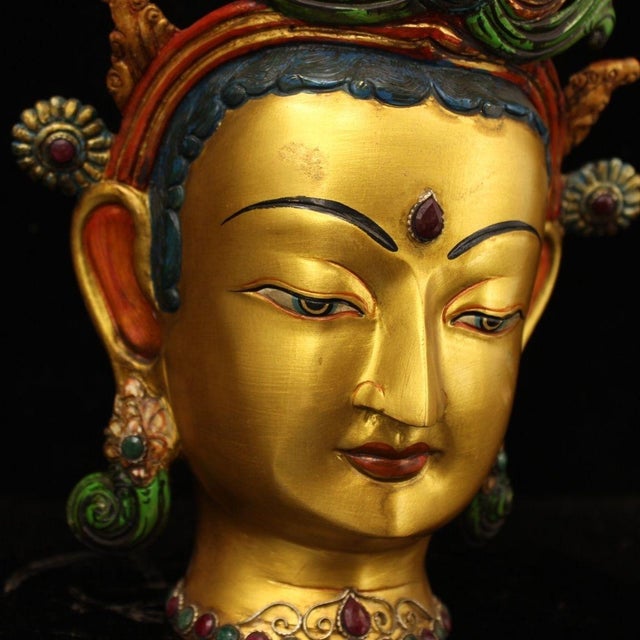 Metal Late 20th Century Nepalese Gilt Bronze & Polychrome Tara Head, Handcrafted Buddhist Deity Sculpture For Sale - Image 7 of 9