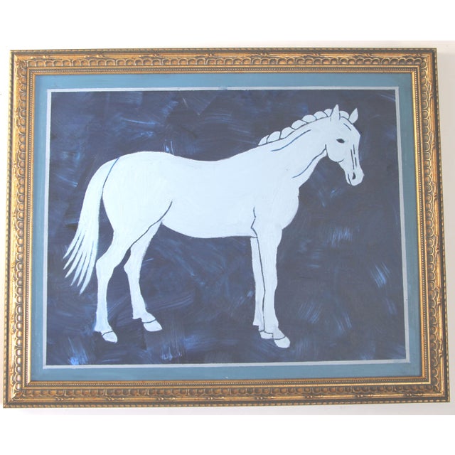 An elegant horse silhouette in shades of dark blue, pale blue, gray-blue and gray border. Minimalism, Contemporary, Folk...