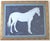An elegant horse silhouette in shades of dark blue, pale blue, gray-blue and gray border. Minimalism, Contemporary, Folk...