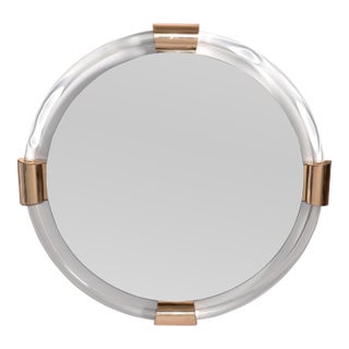 1980s Karl Springer Style Round Lucite Brass Beveled Wall Mirror Mid-Century Modern For Sale