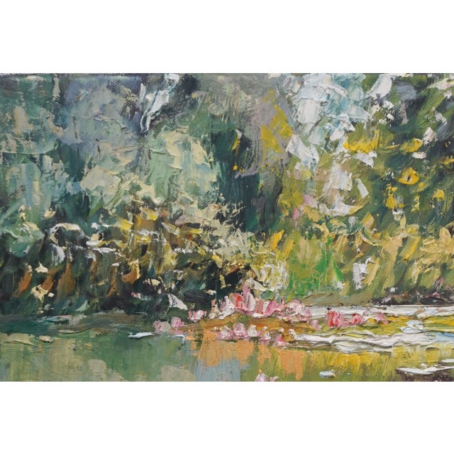 Impressionist Original Oil Painting of Lily Pond For Sale - Image 3 of 4