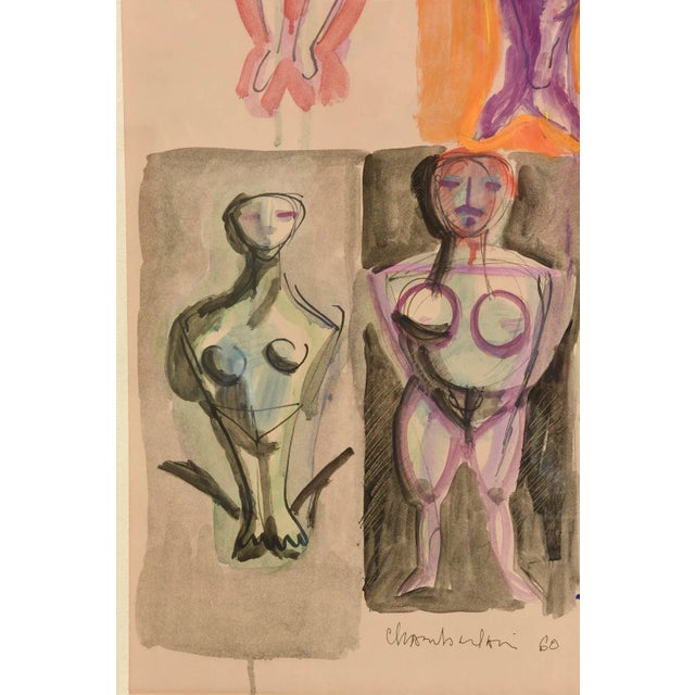 1960s Vintage Signed Watercolor Style of George Condo by Chamberlain Museum Custom Framed For Sale - Image 5 of 9