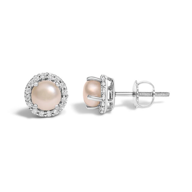 Contemporary 10K White Gold Pearl and 1/6 Cttw Diamond Halo Stud Earring For Sale - Image 3 of 5