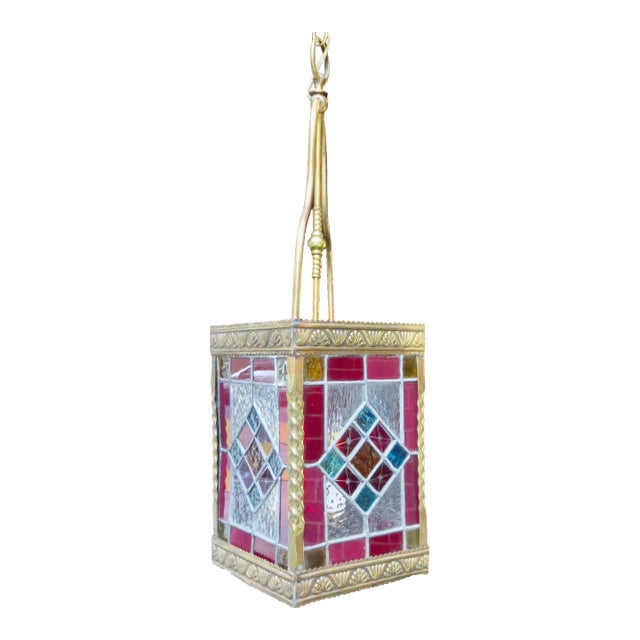 1910s Arts and Crafts Lantern With Leaded Stain Glass Panels For Sale