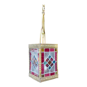 1910s Arts and Crafts Lantern With Leaded Stain Glass Panels