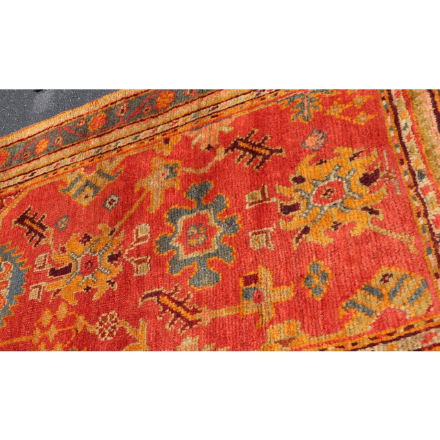 Red and Light Blue Wide Antique Turkish Oushak Gallery Runner For Sale - Image 9 of 18