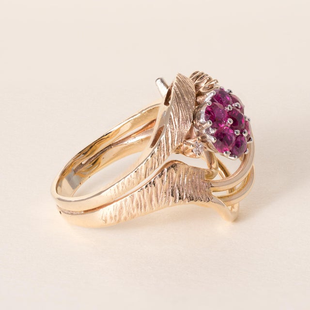 Modern Vintage 13.5k Gold Ruby and Diamond Floral Cocktail Ring, Size 7 For Sale - Image 3 of 5