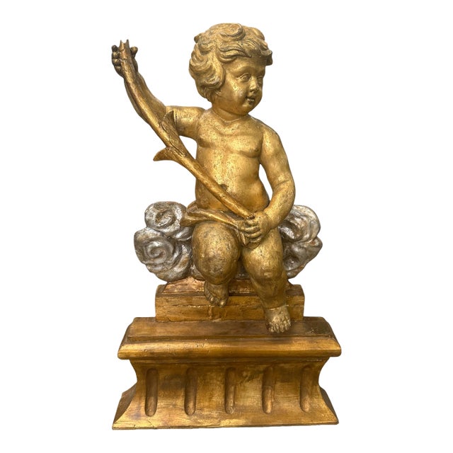 Large 18th C. Italian Baroque Carved, Gilded, Silvered Wood Putto Figure Seated. For Sale