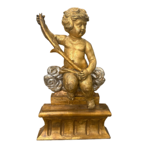 Large 18th C. Italian Baroque Carved, Gilded, Silvered Wood Putto Figure Seated.