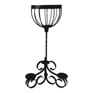 Vintage Ornate Scrolled Iron Black Plant Stand With Basket For Sale