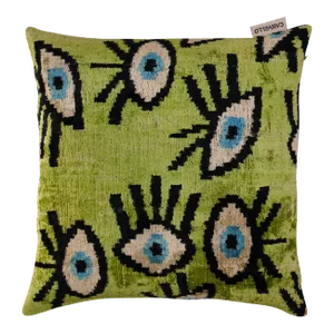 Contemporary Luxury Green Handmade Silk Evil Eye Throw Pillow With Down Insert