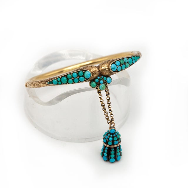 Late 19th Century Victorian 18k Yellow Gold Turquoise Charm Bangle For Sale - Image 10 of 10