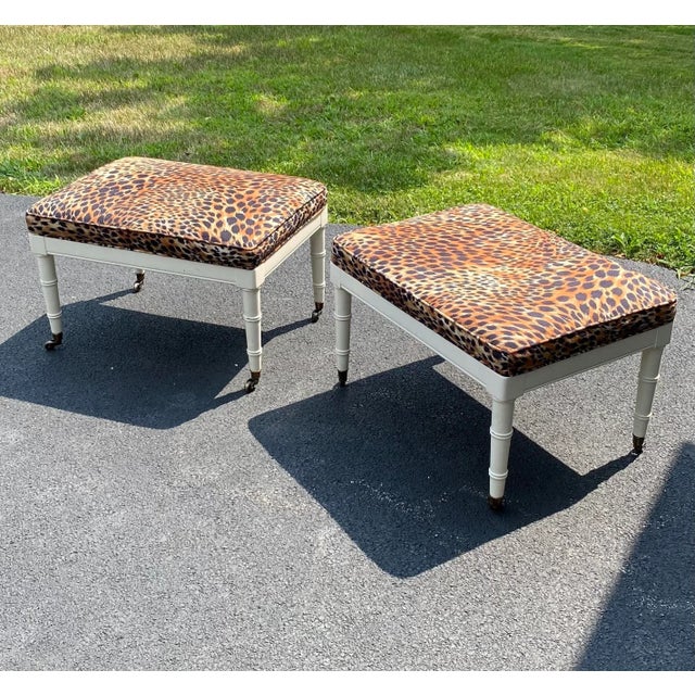 Late 20th Century Vintage Leopard Ottomans With Brass Castors - a Pair For Sale - Image 12 of 12