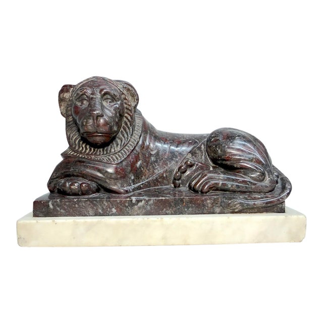 Antique Hand Carved 19th Century Reclining Lion Solid Marble Sculpture Statue For Sale