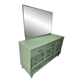 Custom Refinished Mid-Century Modern Sage Green 12-Drawer Dresser With Frameless Mirror For Sale