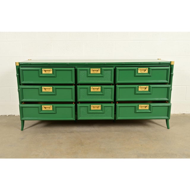 1960s Mid-Century Hollywood Regency Campaign Green Lacquered Faux Bamboo Triple Dresser or Credenza by Stanley, Newly Refinished For Sale - Image 5 of 16