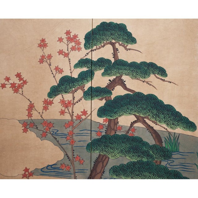 Vintage 4-panel Chinese Byobu (folding) screen depicting Mandarin Ducks in a pond, iris flowers, pine tree and blossoming...