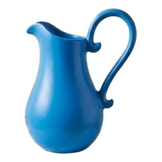 Vintage Farmhouse Portuguese Glazed Terracotta Ewer Blue Pitcher For Sale
