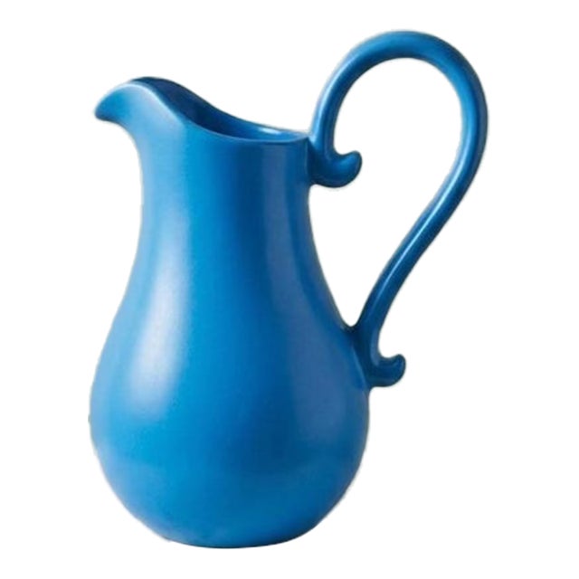 Vintage Farmhouse Portuguese Glazed Terracotta Ewer Blue Pitcher For Sale