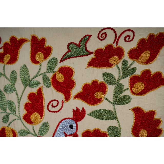 1960s Suzani Embroidered Wall Hanging With Bird & Duck For Sale - Image 5 of 10