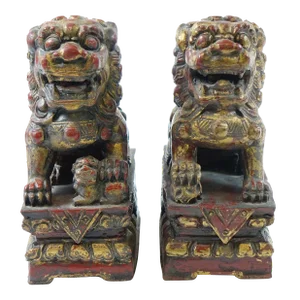 Antique Chinese Wood Sculptures of Foo Dogs - A Pair