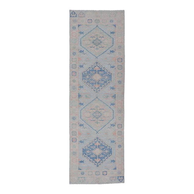 Modern Oushak Medallion Design Runner With Light Blue Color by Keivan Woven Arts For Sale
