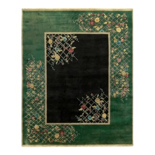 Rug & Kilim’s Chinese Deco Style Rug in Teal-Green, Black With Colorful Florals For Sale