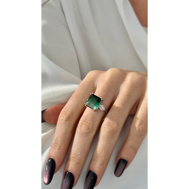 Natural Tourmaline Diamond Ring Size 7 14k W Gold 8.5 TCW Certified For Sale - Image 4 of 16